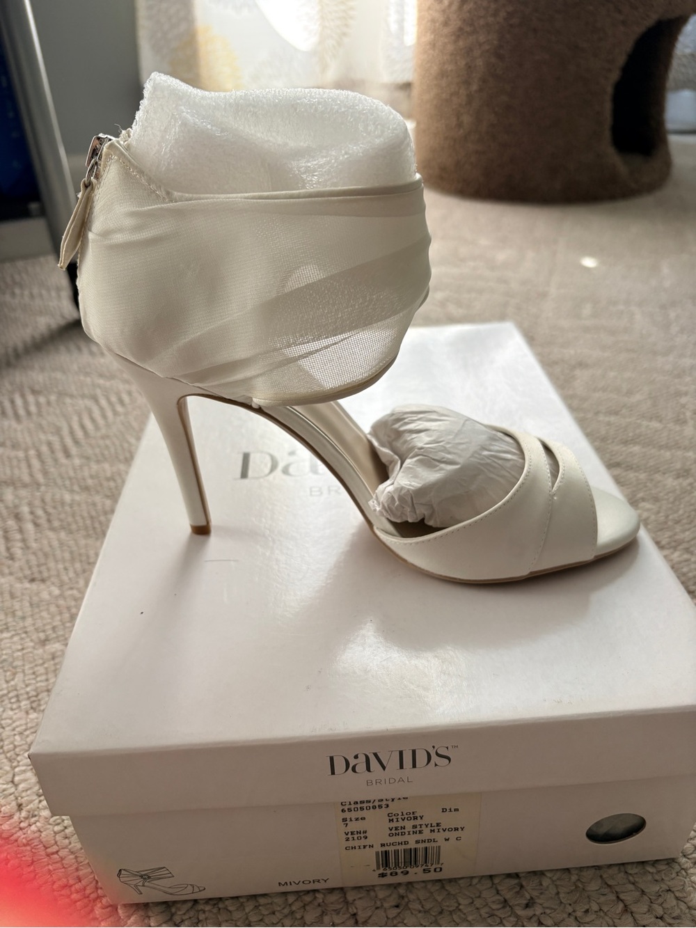 David's Bridal Ivory Sheer Ankle-Wrap Stiletto Heel